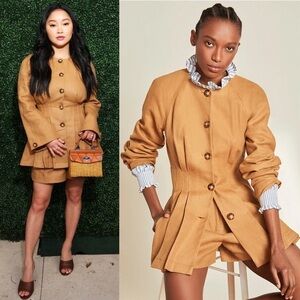 NWT VERONICA BEARD Camel Linen Collarless Tailored Pleated Peplum Blazer 00